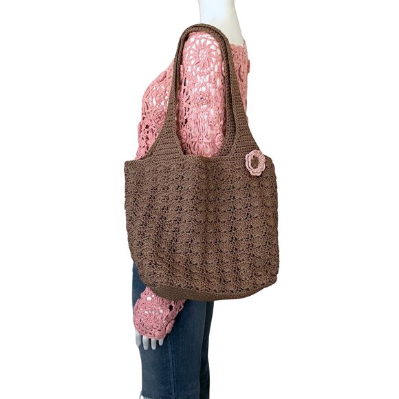 croft & barrow Handbags - Y2K Brown Tan Knit Crochet Pink Flower Pin Large Shoulder Bag Tote Girlhoodcore